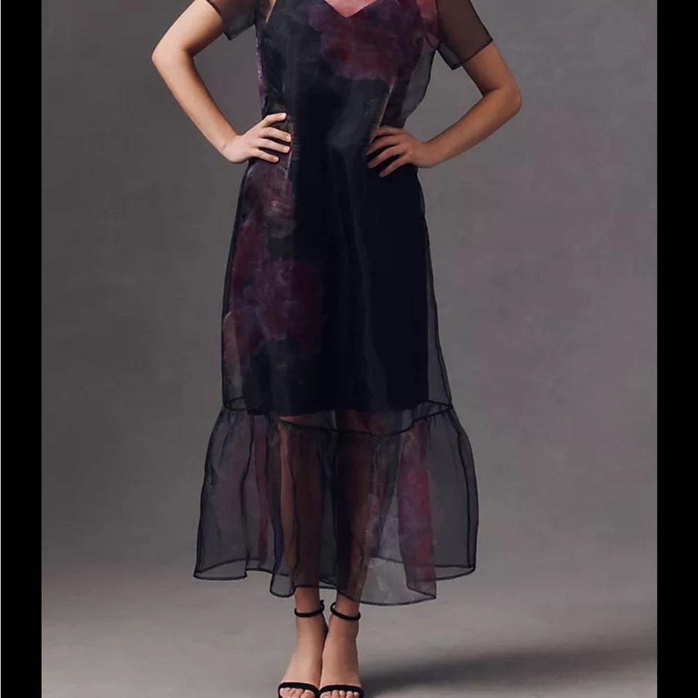 BHLDN Carina Short-Sleeve High-Neck Organza Midi Dress